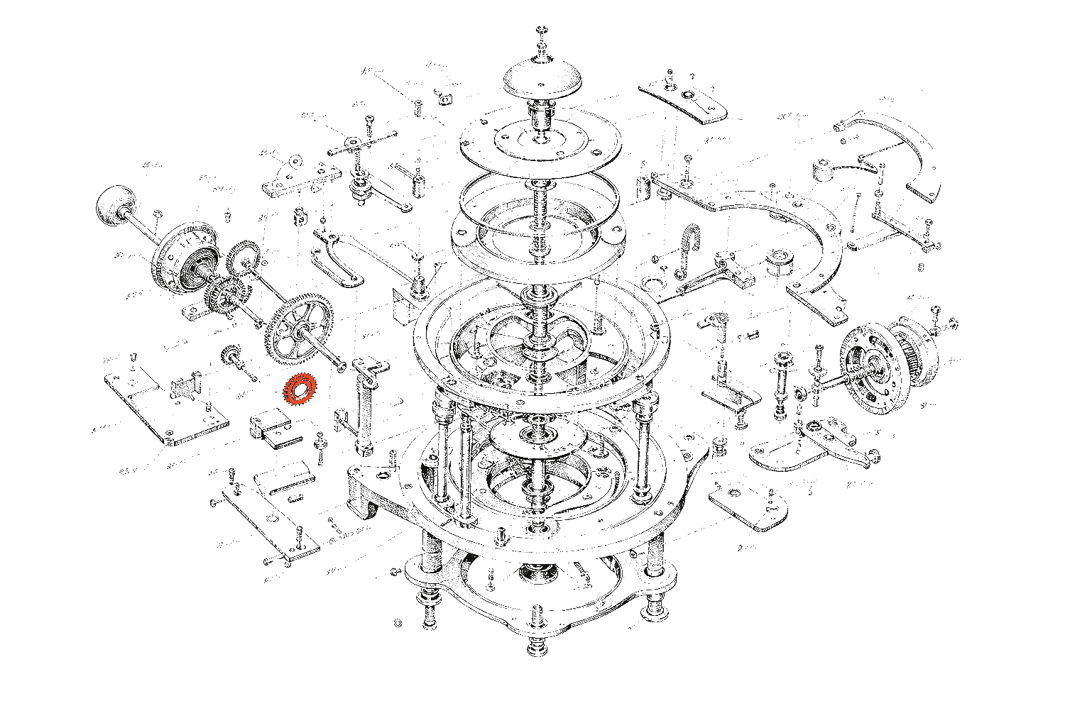 Vintage exploded-view technical illustration of an imaginary clockwork mechanism — ink line work with a single small orange gear, drawn directly on the page.